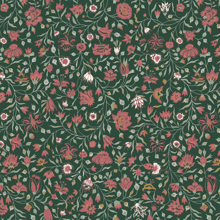 Red 18th century Indian chintz vine on a dark green ground: seamless repeating pattern tile for fabric by the yard.