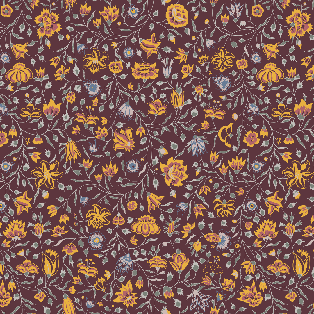 Yellow 18th century Indian chintz vine on a dark purple ground: seamless repeating pattern tile for fabric by the yard.