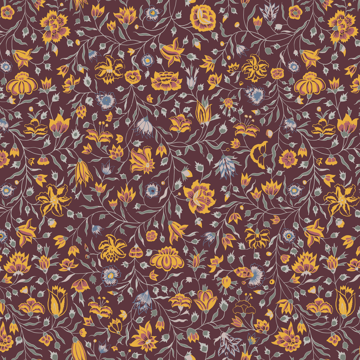 Yellow 18th century Indian chintz vine on a dark purple ground: seamless repeating pattern tile for fabric by the yard.
