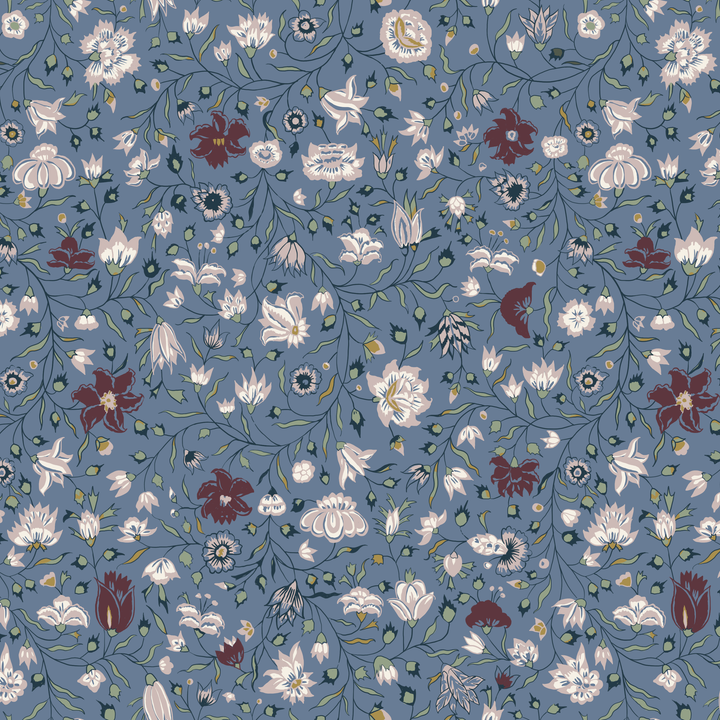 Pink 18th century Indian chintz vine on a muted blue ground: seamless repeating pattern tile for fabric by the yard.