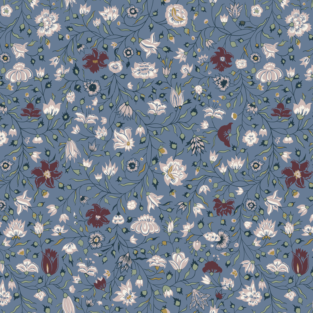 Pink 18th century Indian chintz vine on a muted blue ground: seamless repeating pattern tile for fabric by the yard.