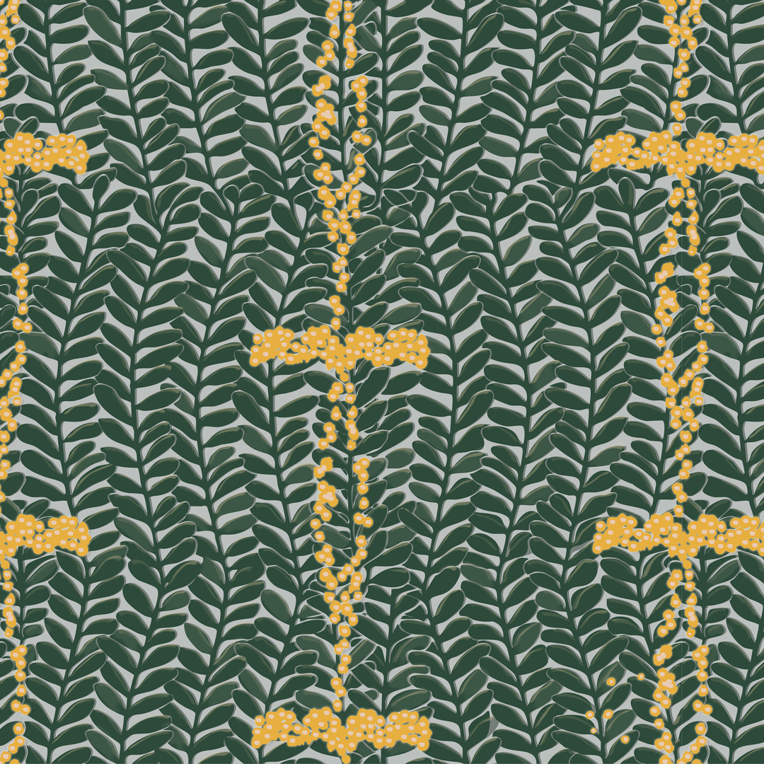 Dark green 1918 leaf sprays with yellow berries on a grey ground: seamless repeating pattern tile for fabric by the yard.