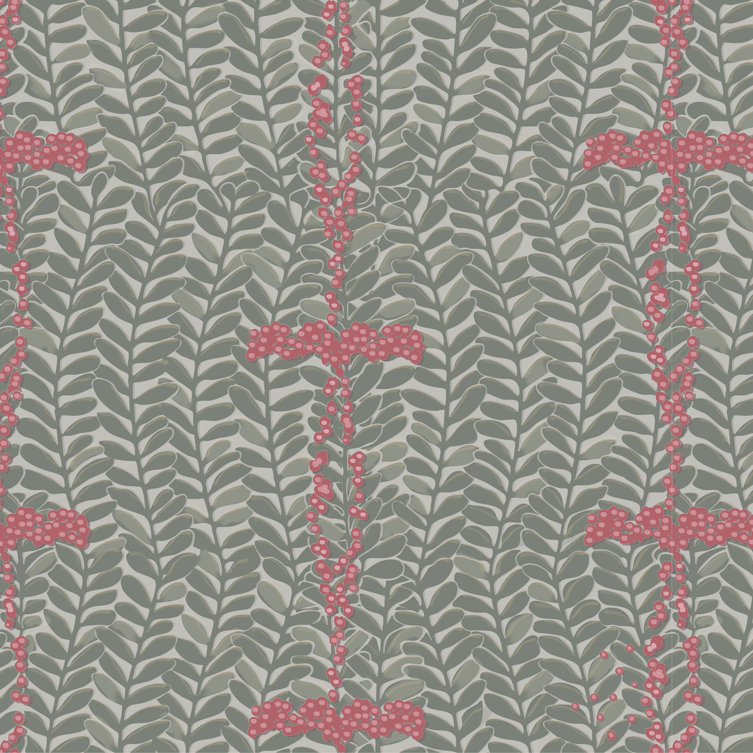 Grey-green 1918 leaf sprays with red berries on a grey ground: seamless repeating pattern tile for fabric by the yard.
