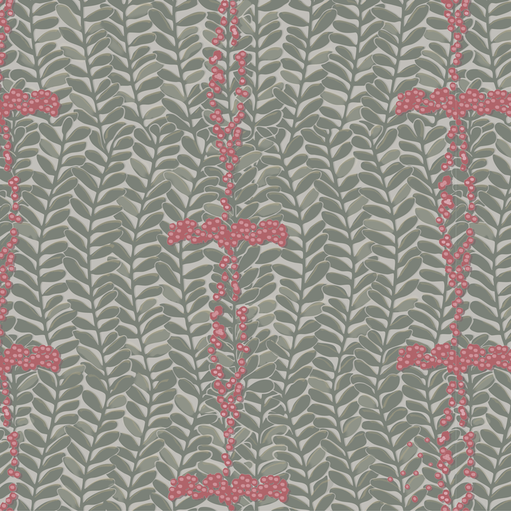 Grey-green 1918 leaf sprays with red berries on a grey ground: seamless repeating pattern tile for fabric by the yard.