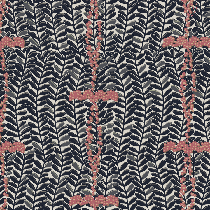 Navy 1918 leaf sprays with red berries on a beige ground: seamless repeating pattern tile for fabric by the yard.