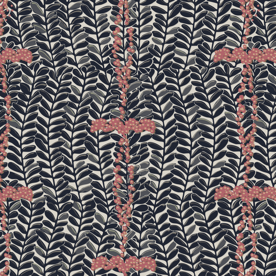 Navy 1918 leaf sprays with red berries on a beige ground: seamless repeating pattern tile for fabric by the yard.