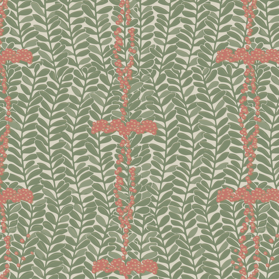 Muted green 1918 leaf sprays with red berries on a beige ground: seamless repeating pattern tile for fabric by the yard.