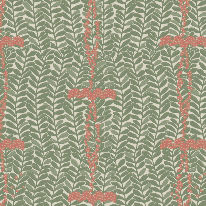 Muted green 1918 leaf sprays with red berries on a beige ground: seamless repeating pattern tile for fabric by the yard.