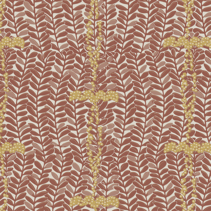 Brown 1918 leaf sprays with gold berries on a beige ground: seamless repeating pattern tile for fabric by the yard.