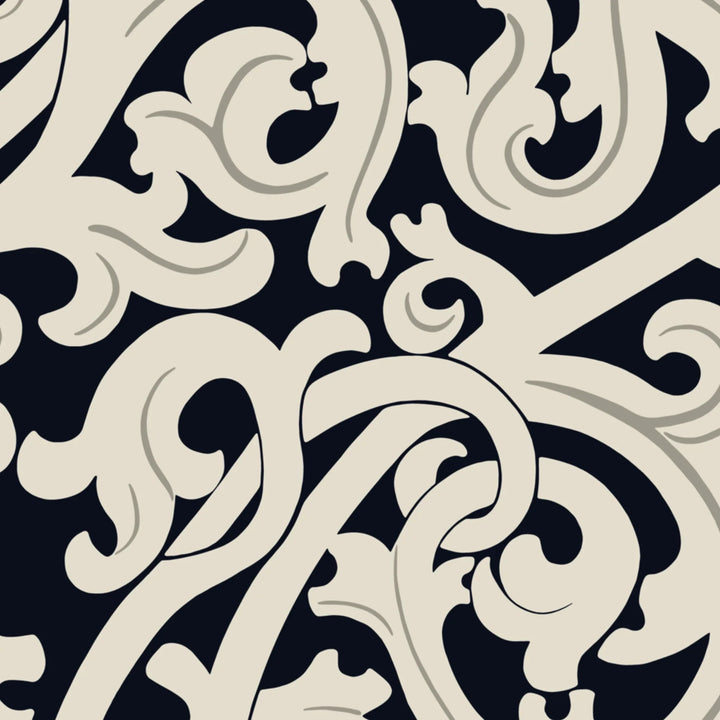 Large beige acanthus scroll motif on a navy ground: flat wallpaper pattern preview