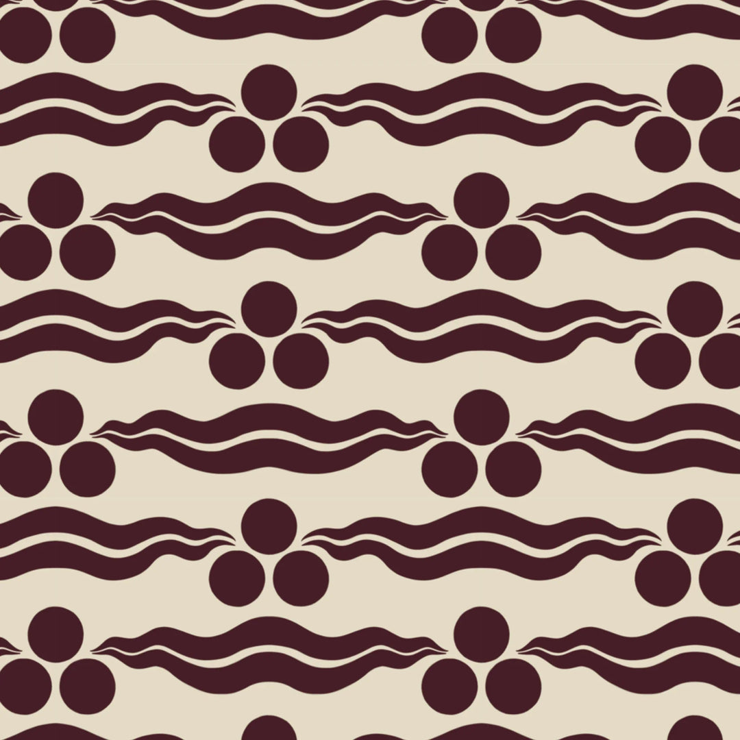 Chintamani Tiger in sandstone and blackcurrant: triple-disc chintamani roundels above paired wave bands, translated from a 15th-century Bursa silk velvet at The Metropolitan Museum of Art. flat wallpaper pattern preview