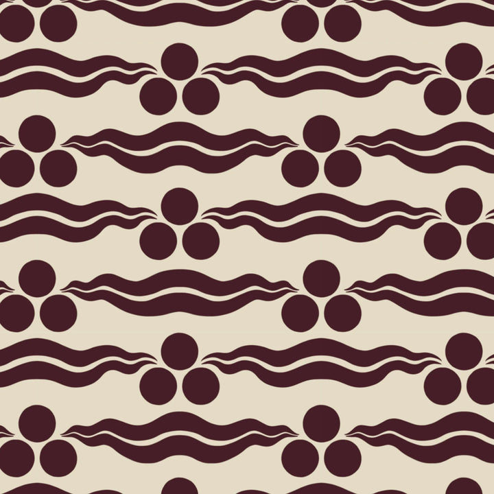 Chintamani Tiger in sandstone and blackcurrant: triple-disc chintamani roundels above paired wave bands, translated from a 15th-century Bursa silk velvet at The Metropolitan Museum of Art. flat wallpaper pattern preview