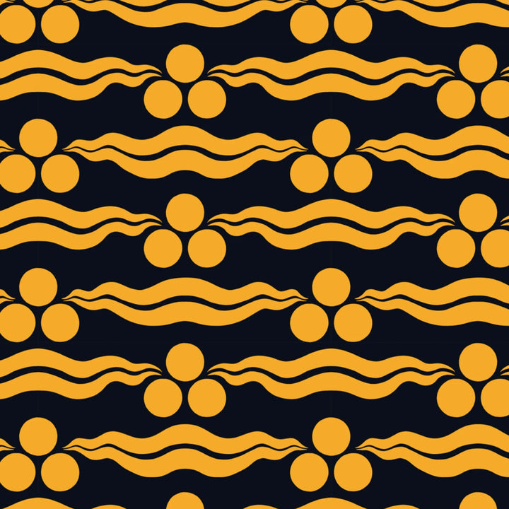Chintamani Tiger in indigo and marigold: triple-disc chintamani roundels above paired wave bands, translated from a 15th-century Bursa silk velvet at The Metropolitan Museum of Art. flat wallpaper pattern preview