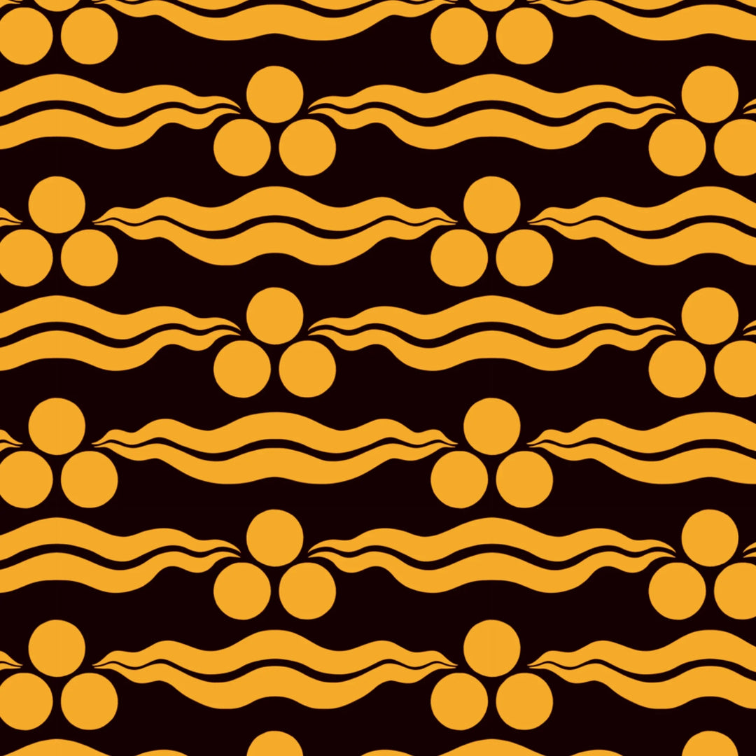 Chintamani Tiger in blackcurrant and marigold: triple-disc chintamani roundels above paired wave bands, translated from a 15th-century Bursa silk velvet at The Metropolitan Museum of Art. flat wallpaper pattern preview