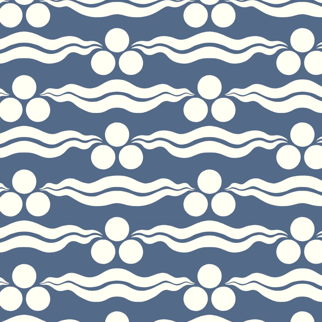 Chintamani Tiger in dusty blue and ivory: triple-disc chintamani roundels above paired wave bands, translated from a 15th-century Bursa silk velvet at The Metropolitan Museum of Art. flat wallpaper pattern preview