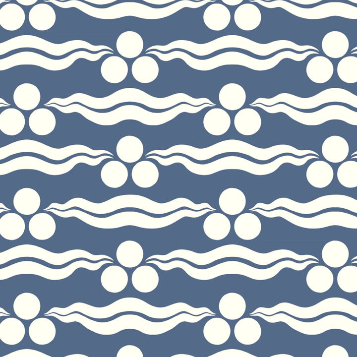 Chintamani Tiger in dusty blue and ivory: triple-disc chintamani roundels above paired wave bands, translated from a 15th-century Bursa silk velvet at The Metropolitan Museum of Art. flat wallpaper pattern preview