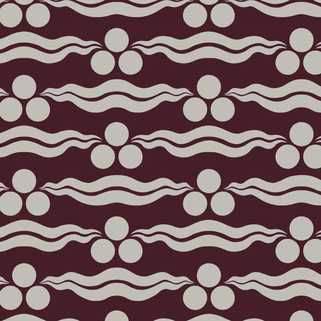 Chintamani Tiger in blackcurrant and travertine: triple-disc chintamani roundels above paired wave bands, translated from a 15th-century Bursa silk velvet at The Metropolitan Museum of Art. flat wallpaper pattern preview