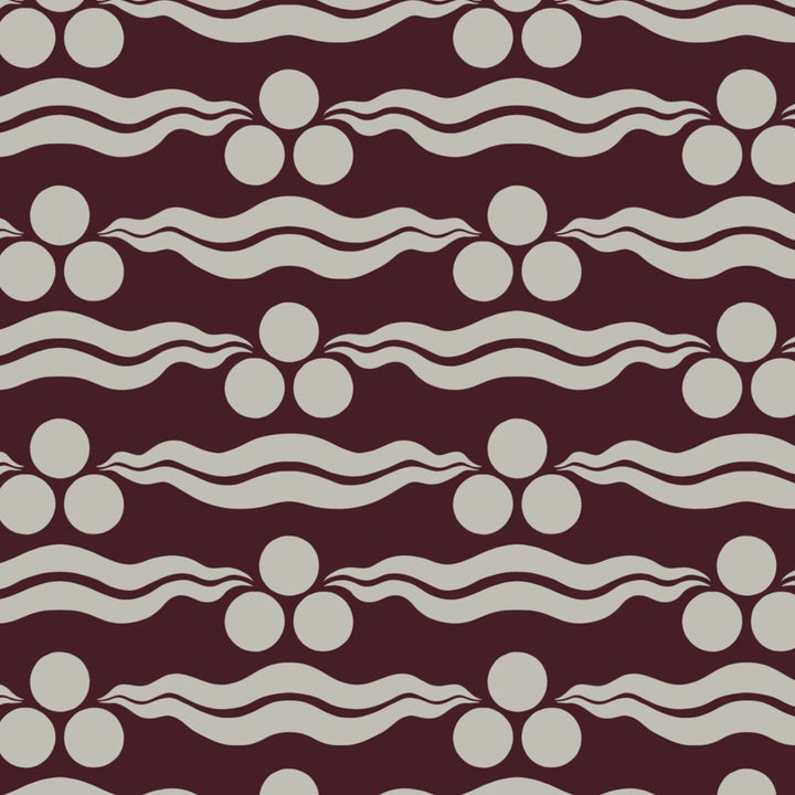 Chintamani Tiger in blackcurrant and travertine: triple-disc chintamani roundels above paired wave bands, translated from a 15th-century Bursa silk velvet at The Metropolitan Museum of Art. flat wallpaper pattern preview