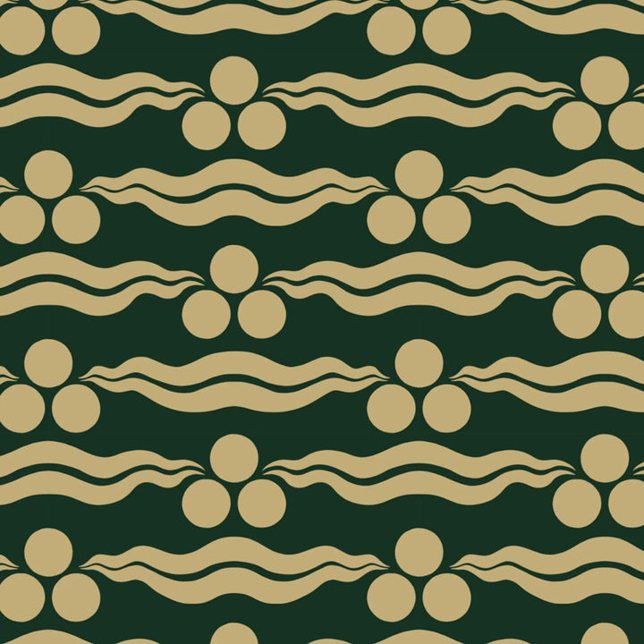 Chintamani Tiger in forest floor and flax: triple-disc chintamani roundels above paired wave bands, translated from a 15th-century Bursa silk velvet at The Metropolitan Museum of Art. flat wallpaper pattern preview