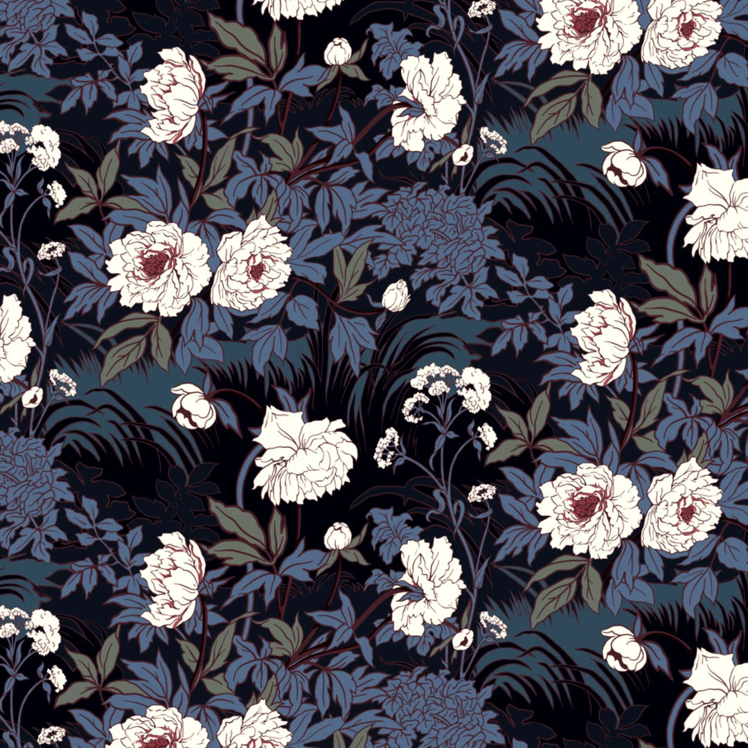 White 1890s Art Nouveau blooms and grasses on a navy ground: flat wallpaper pattern preview
