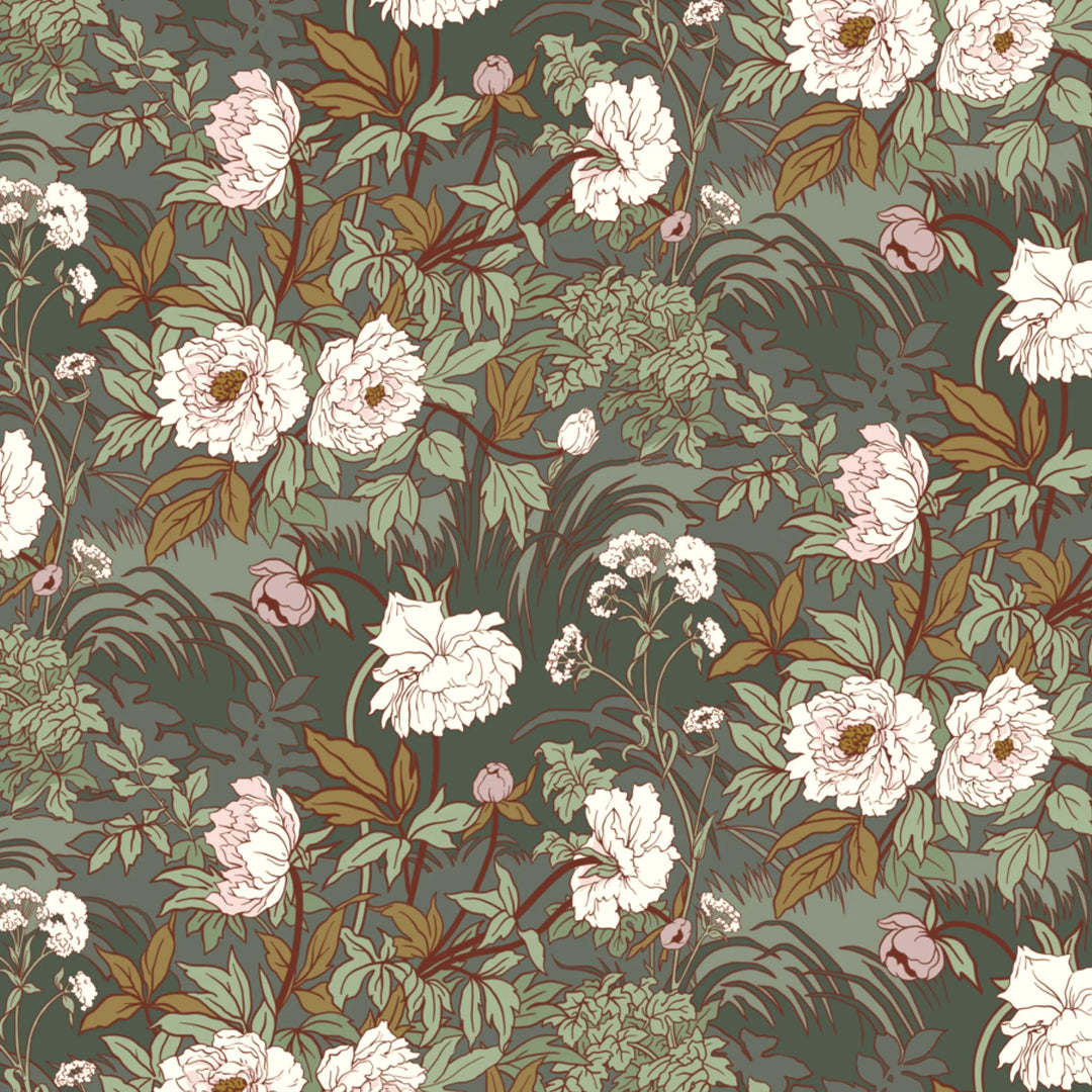 White 1890s Art Nouveau blooms and grasses on a grey-green ground: flat wallpaper pattern preview