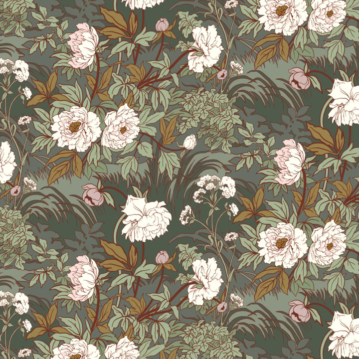 White 1890s Art Nouveau blooms and grasses on a grey-green ground: flat wallpaper pattern preview