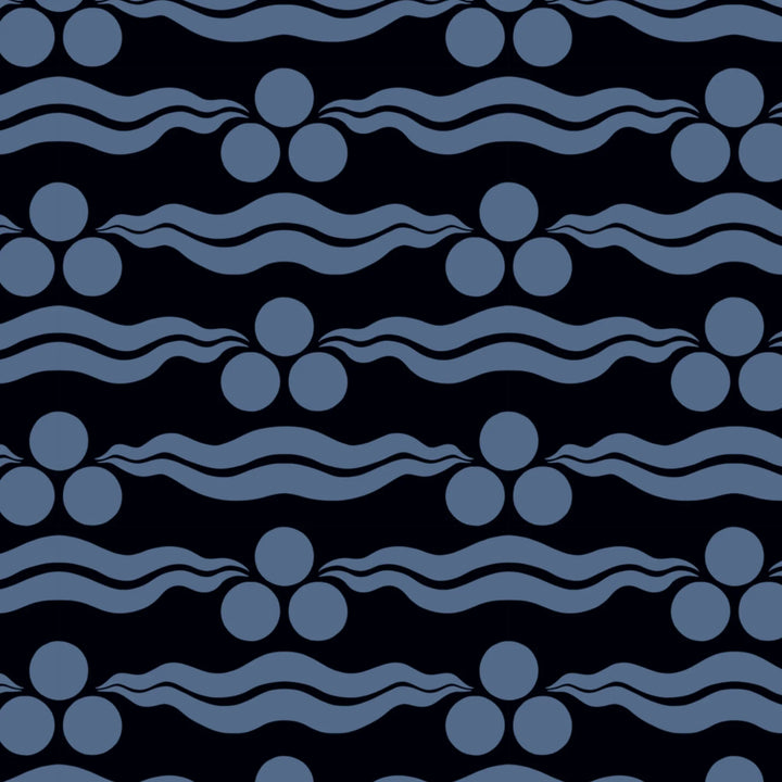 Chintamani Tiger in indigo and dusty blue: triple-disc chintamani roundels above paired wave bands, translated from a 15th-century Bursa silk velvet at The Metropolitan Museum of Art. flat wallpaper pattern preview
