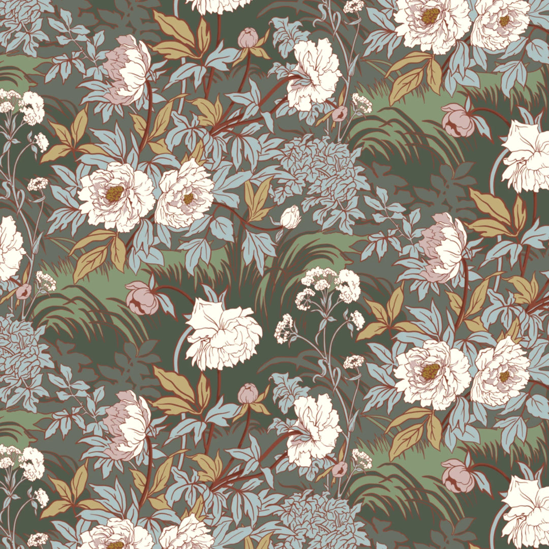 Pale grey 1890s Art Nouveau blooms and grasses on a grey-green ground: flat wallpaper pattern preview
