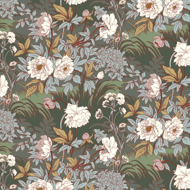 Pale grey 1890s Art Nouveau blooms and grasses on a grey-green ground: flat wallpaper pattern preview