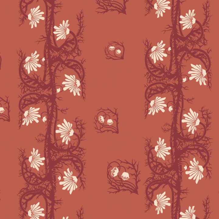 Marguerite in terracotta and pomegranate: spined, entwined stems forming vertical channels around massed daisy heads, translated from a c. 1904 Dutch linen damask finger towel by Cornelis van der Sluys. flat wallpaper pattern preview