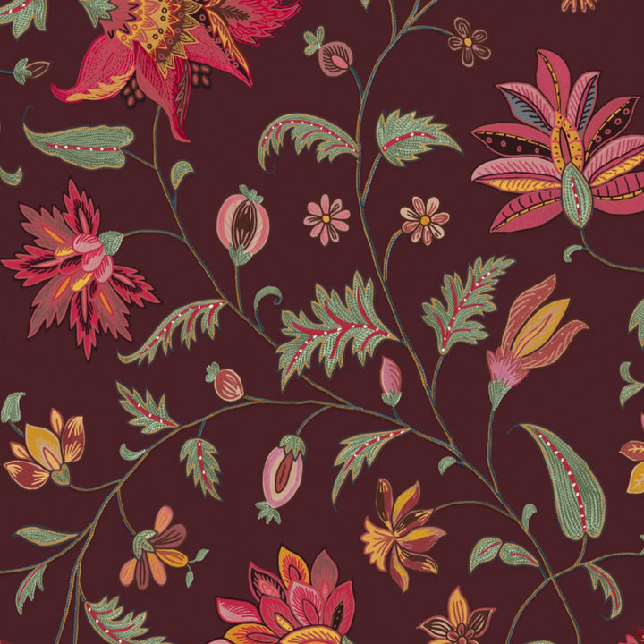 Red and gold florals on a dark purple ground flat wallpaper pattern preview