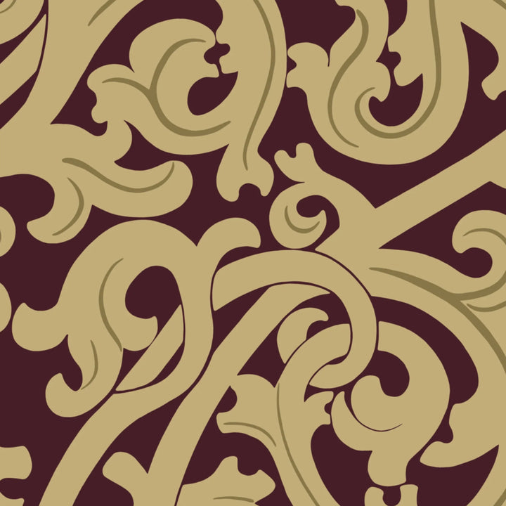 Large gold acanthus scroll motif on a red ground: flat wallpaper pattern preview