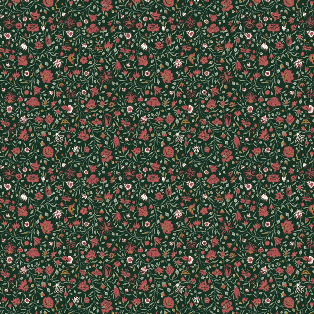Red 18th century Indian chintz vine on a dark green ground: flat wallpaper pattern preview