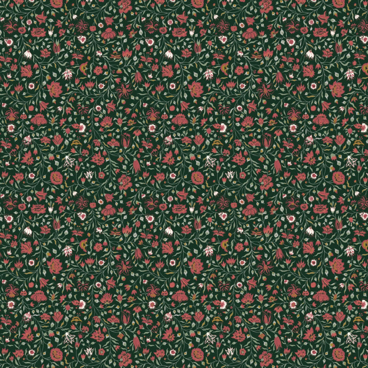 Red 18th century Indian chintz vine on a dark green ground: flat wallpaper pattern preview