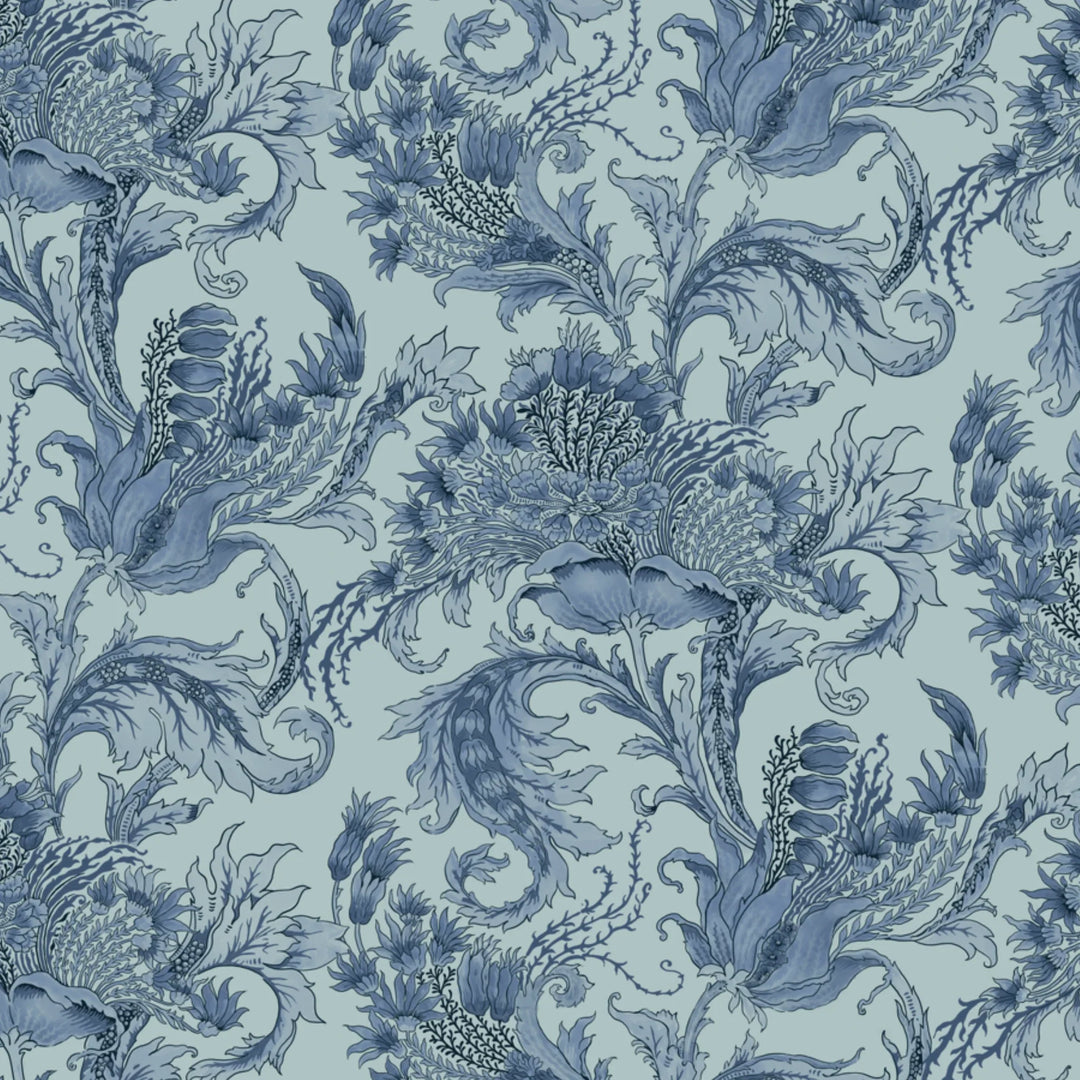 Ragged Poppy in Mist and Dusty Blue — mid-blue poppy on a soft blue-grey ground, large-scale block-printed floral repeat flat wallpaper pattern preview