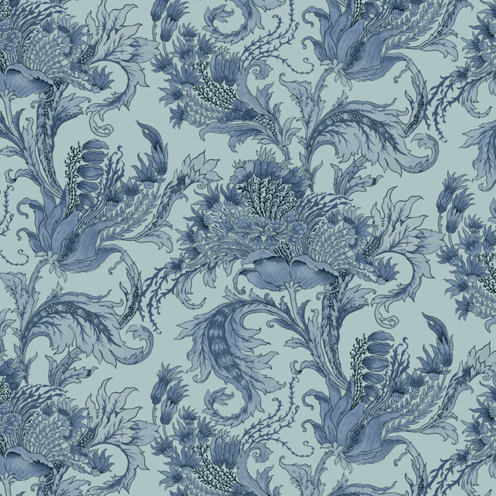 Ragged Poppy in Mist and Dusty Blue — mid-blue poppy on a soft blue-grey ground, large-scale block-printed floral repeat flat wallpaper pattern preview