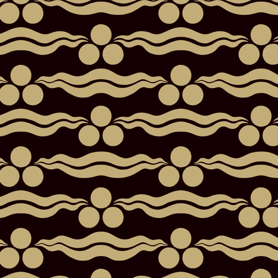 Chintamani Tiger in blackcurrant and flax: triple-disc chintamani roundels above paired wave bands, translated from a 15th-century Bursa silk velvet at The Metropolitan Museum of Art. flat wallpaper pattern preview