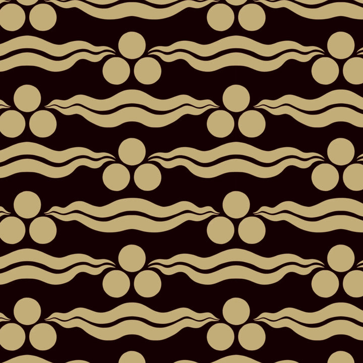 Chintamani Tiger in blackcurrant and flax: triple-disc chintamani roundels above paired wave bands, translated from a 15th-century Bursa silk velvet at The Metropolitan Museum of Art. flat wallpaper pattern preview
