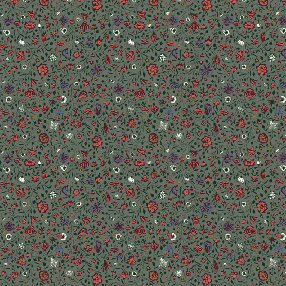 Dark purple 18th century Indian chintz vine on a grey-green ground: flat wallpaper pattern preview