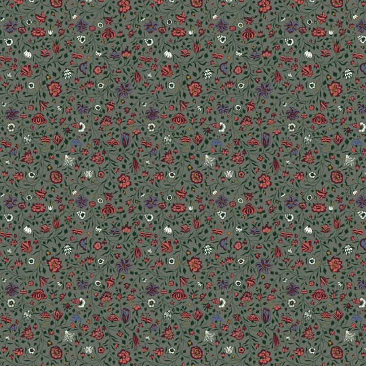 Dark purple 18th century Indian chintz vine on a grey-green ground: flat wallpaper pattern preview