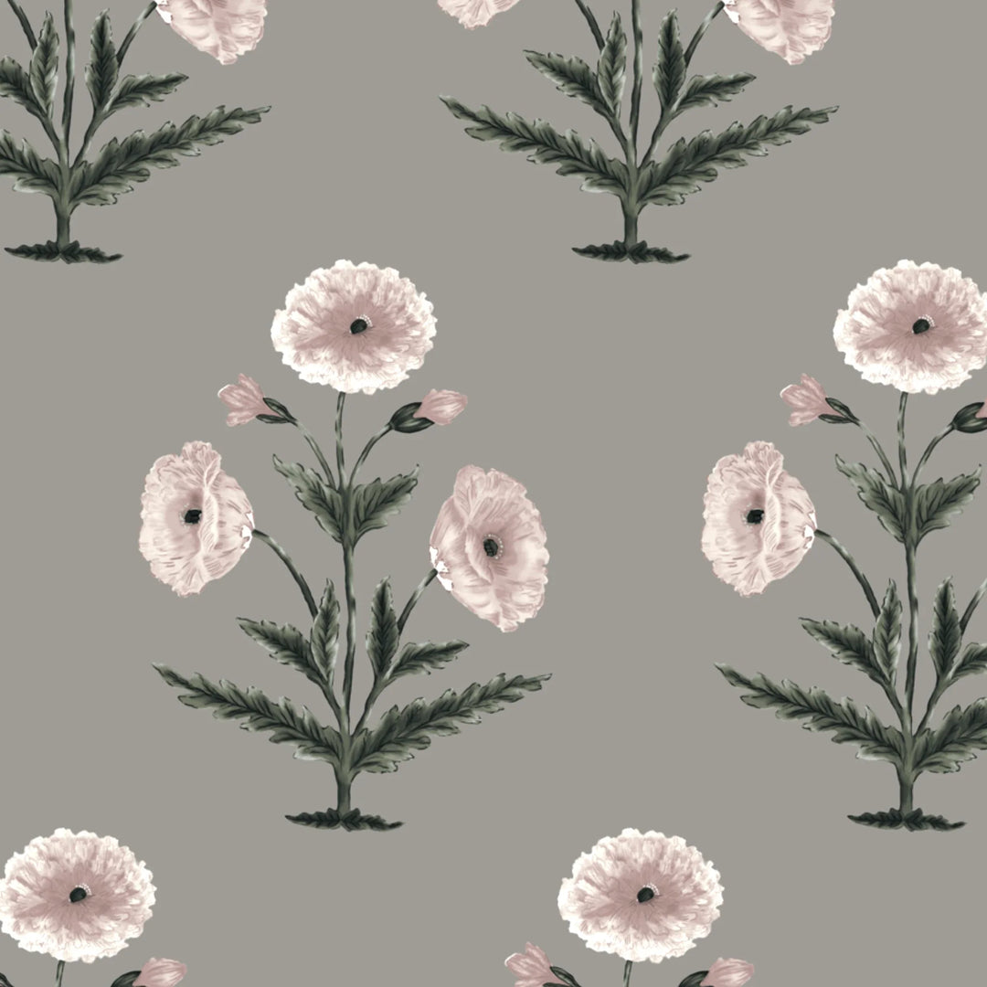 Pale pink 17th century Mughal poppy plants on a grey ground: flat wallpaper pattern preview
