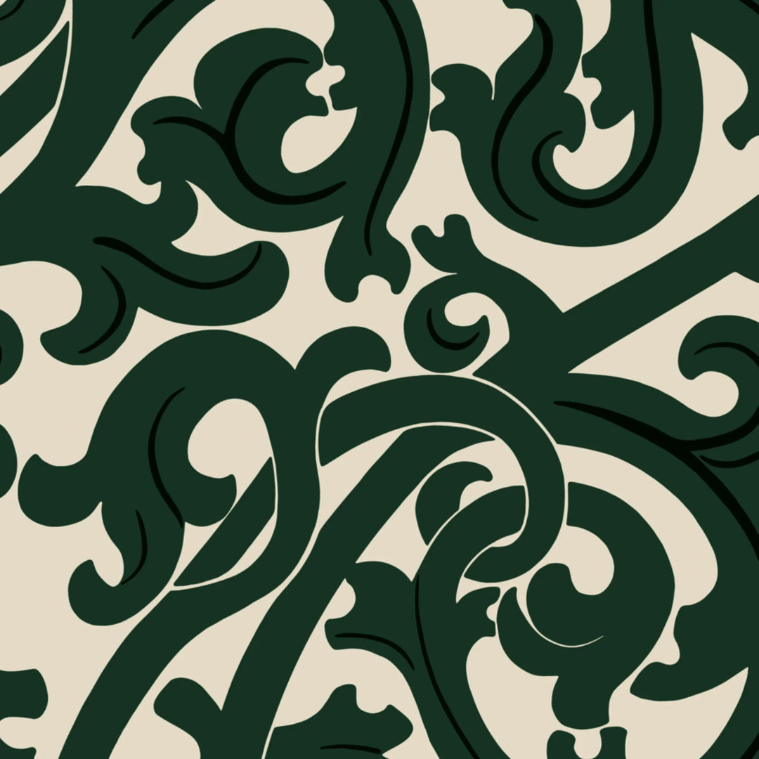 Large green acanthus scroll motif on a beige ground: flat wallpaper pattern preview