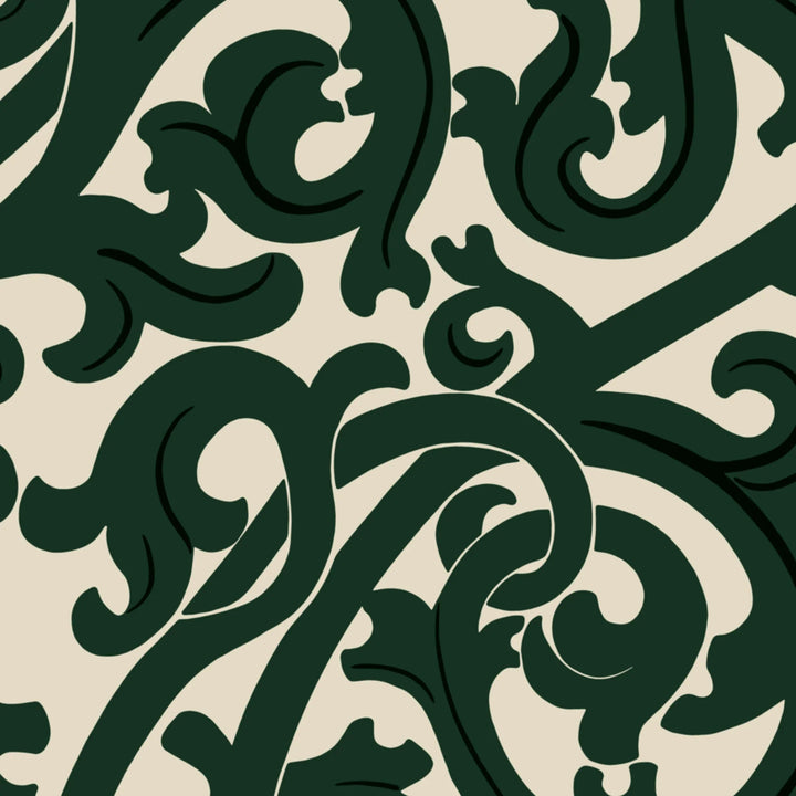 Large green acanthus scroll motif on a beige ground: flat wallpaper pattern preview