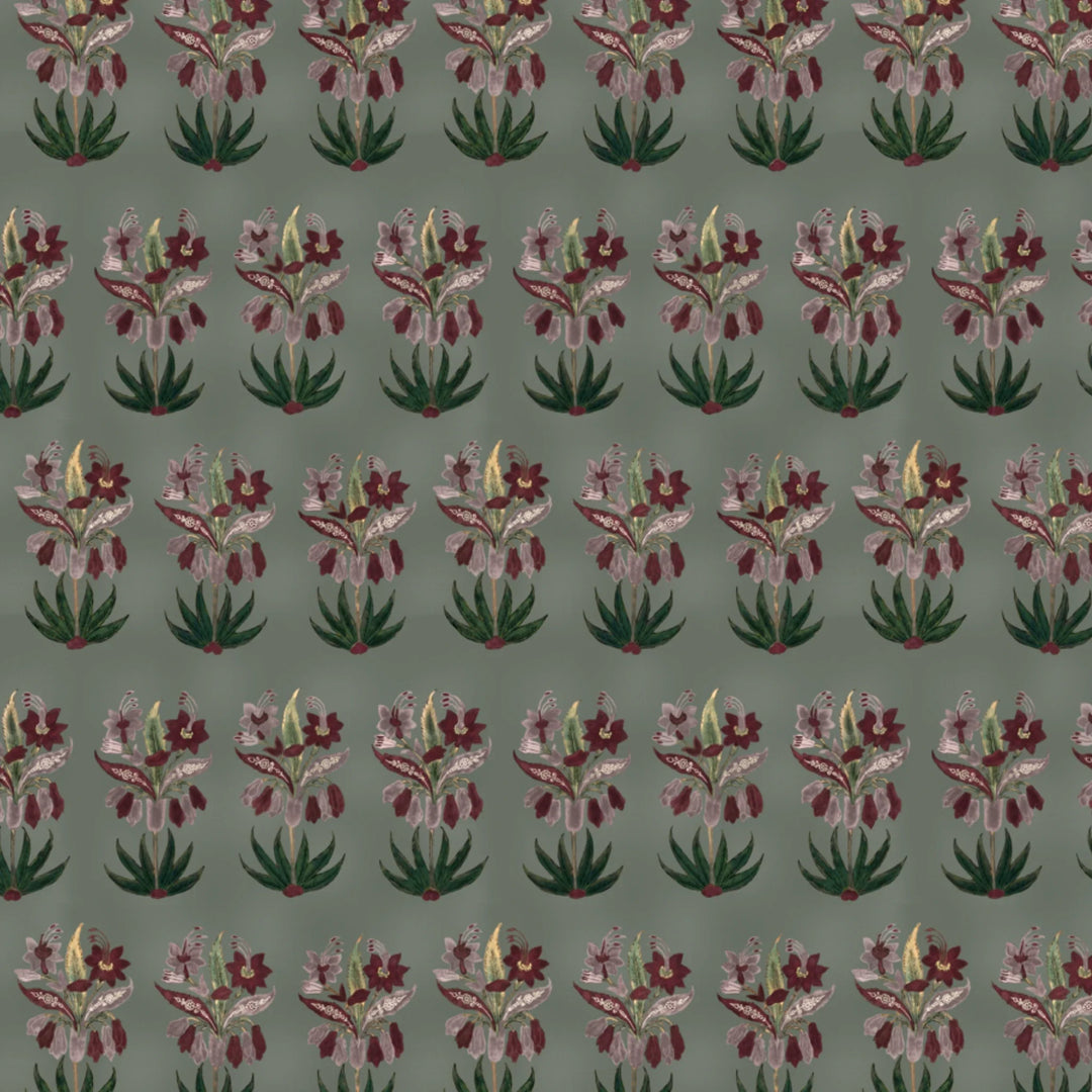 Dark purple 17th century Indian chintz sprigs on a grey-green ground: flat wallpaper pattern preview