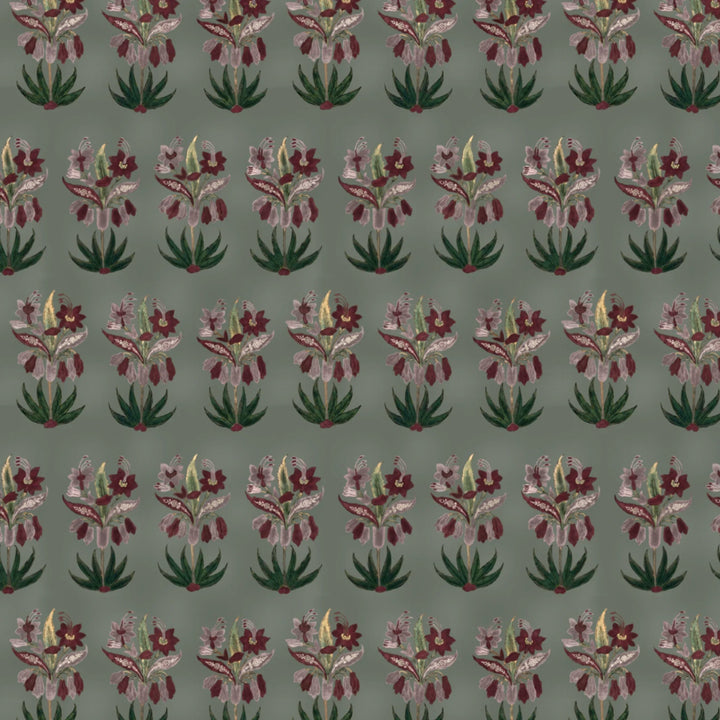 Dark purple 17th century Indian chintz sprigs on a grey-green ground: flat wallpaper pattern preview