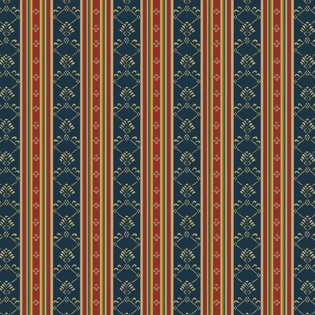 Blue-grey and red 18th century floral and lattice stripe: flat wallpaper pattern preview