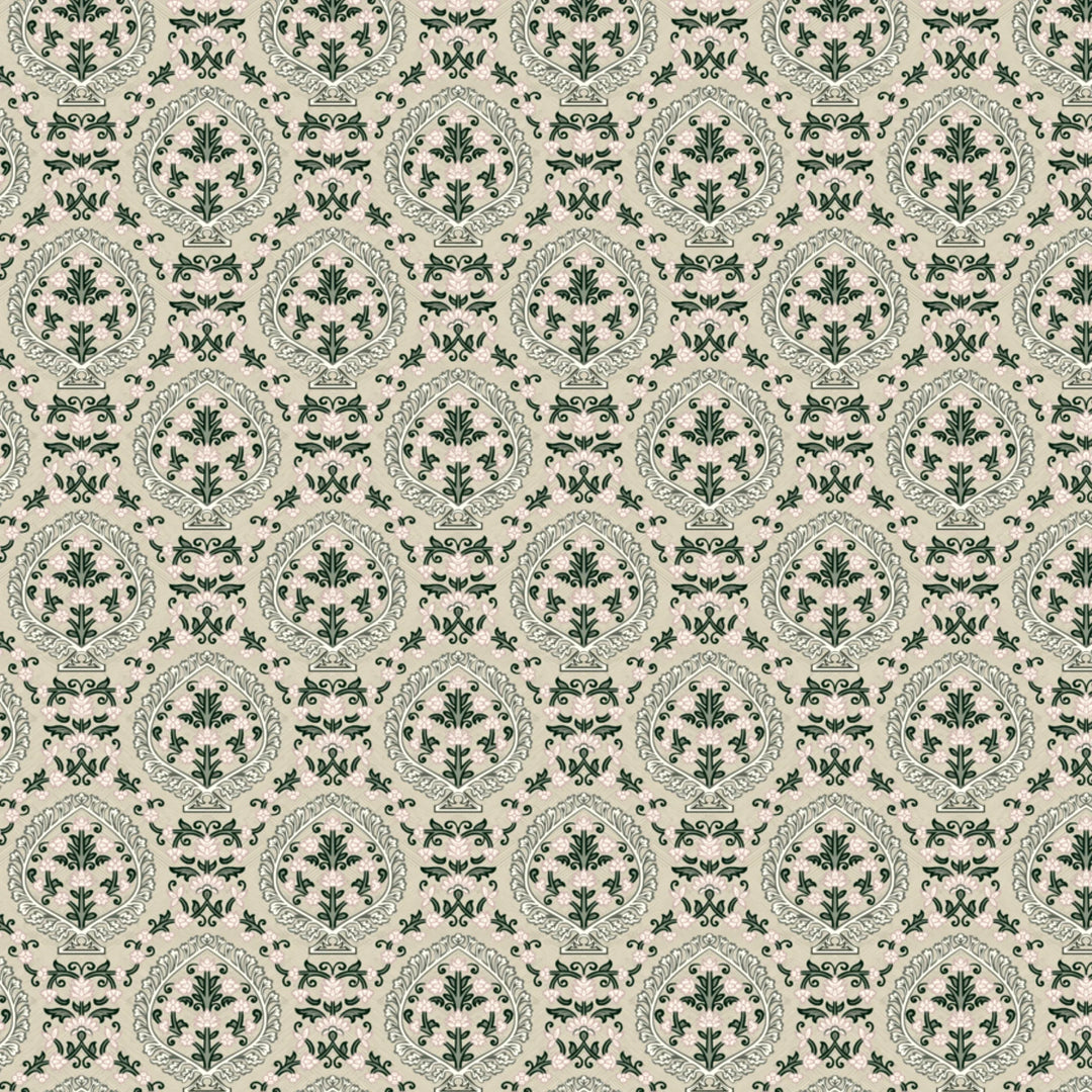 Varanasi Medallion in Sandstone and Ivory — sage-green pointed medallions enclosing flowering plants on a pale sandstone ground flat wallpaper pattern preview