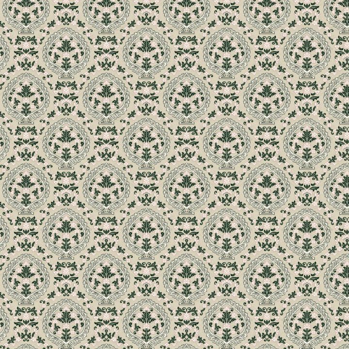 Varanasi Medallion in Sandstone and Ivory — sage-green pointed medallions enclosing flowering plants on a pale sandstone ground flat wallpaper pattern preview