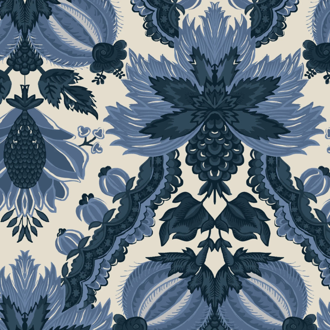 Flowering Pomegranate in linen and dusty blue: an ogee lattice of lace borders framing a blossom held between two swelling pomegranates, translated from an 18th-century French block-printed quilt. flat wallpaper pattern preview