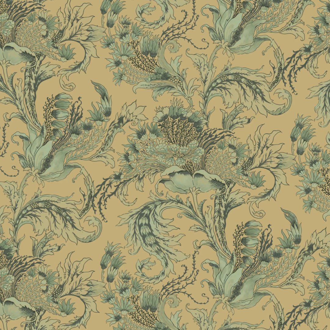 Ragged Poppy in Flax and Eucalyptus — soft green poppy on a flax ground, low-contrast large-scale block-printed floral repeat flat wallpaper pattern preview